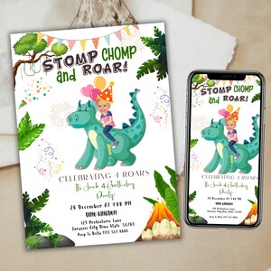 Custom Dinosaur birthday invitation, Chomp Stomp and Roar, Custom Face Photo, Party Invite, Three Rex Birthday Dino Party, Canva Editable