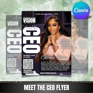 May include: A flyer with the text "Meet the CEO" features a woman with long dark hair, wearing a pink top and jewelry. The flyer includes the text "Bringing Your Vision to Reality" and "CEO" in large letters. The flyer is for a celebrity makeup artist.