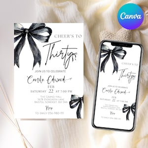 Può includere: Invito di compleanno in bianco e nero con un design a fiocco ad acquerello. L'invito recita "Cheer's to Thirty" e include il nome "Cavrila Edward", la data "22 febbraio", l'ora "19:00", la posizione "The Grand Hall, 5678 Evergreen Lane, Bristol Somerset, BSI SAA" e le informazioni RSVP "To Emily 056-980-1111".