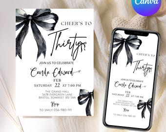 Black Bow Birthday Invitation, Minimalist Black Bow Birthday Invite, Coquette Black Bow Invitation, Canva Editable