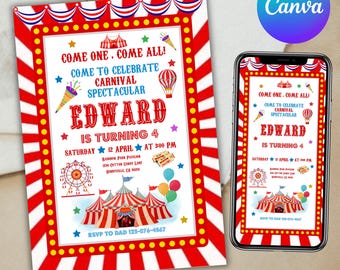 Carnival Birthday Invitation Carnival Invitation Circus Birthday Invitation Circus Invitation Circus, Carnival Invitation, Canva Editable