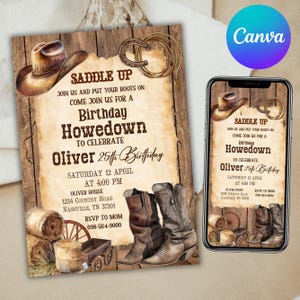 Hoedown Birthday Invitation, Western Cowgirl Party Digital Invite Country, Any Age, Country Floral Boots Invite, Canva Editable