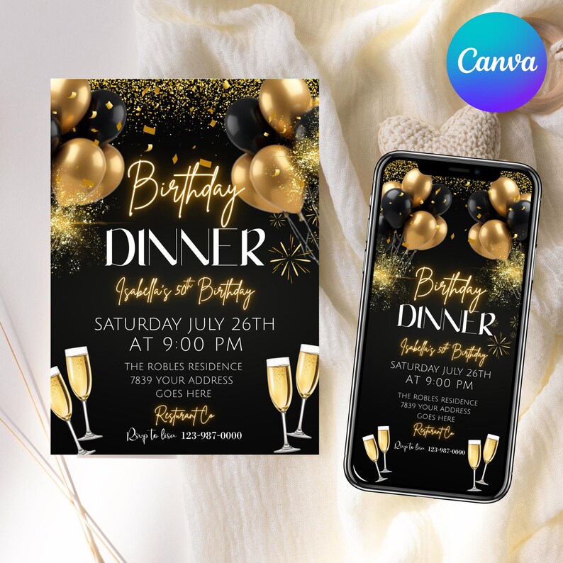 Digital Birthday Dinner Invitation, Black Tie Glam Invite, Black Golden Diamond Men & Women, Premade Gold Party Celebration, Canva Editable