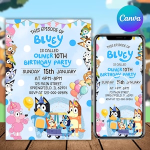 Invitación de cumpleaños de Bluey Invitación de cumpleaños de Bingo editable Invitación de cumpleaños de Bluey y Bingo Invitación de fiesta de cumpleaños de Bluey, Canva Editable
