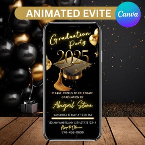 Digital Graduation Party Invitation, Animated Gold College Announcement Invite, She Did It High School Evite, Self eCard, Canva Editable