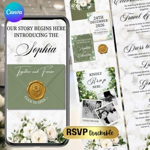 Könnte beinhalten: Ein digitales Hochzeitskarten-Design mit den Namen "Sophia und Christin" mit floralem und goldenem Wachssiegel-Design. Die Einladung enthält das Datum "24. Dezember 2026" und RSVP-Informationen. Das Design befindet sich auf einem Smartphone-Bildschirm.