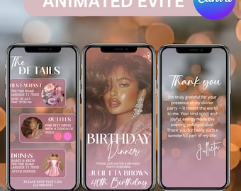 Digital Birthday Dinner Evite invitation, Pink Birthday Dinner, Digital Birthday Party, Text, Birthday Party, text evite, Canva Editable