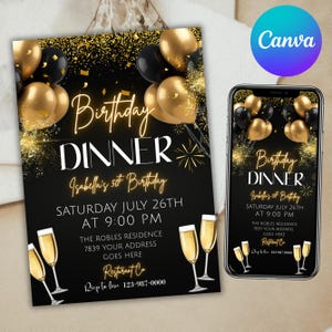 Digital Birthday Dinner Invitation, Black Tie Glam Invite, Black Golden Diamond Men & Women, Premade Gold Party Celebration, Canva Editable