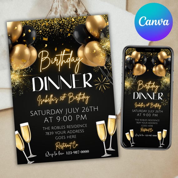 Digital Birthday Dinner Invitation, Black Tie Glam Invite, Black Golden Diamond Men & Women, Premade Gold Party Celebration, Canva Editable