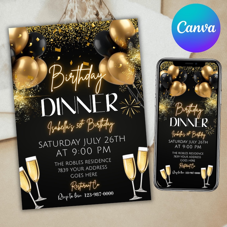Digital Birthday Dinner Invitation, Black Tie Glam Invite, Black Golden Diamond Men & Women, Premade Gold Party Celebration, Canva Editable