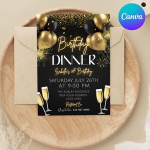 Digital Birthday Dinner Invitation, Black Tie Glam Invite, Black Golden Diamond Men & Women, Premade Gold Party Celebration, Canva Editable