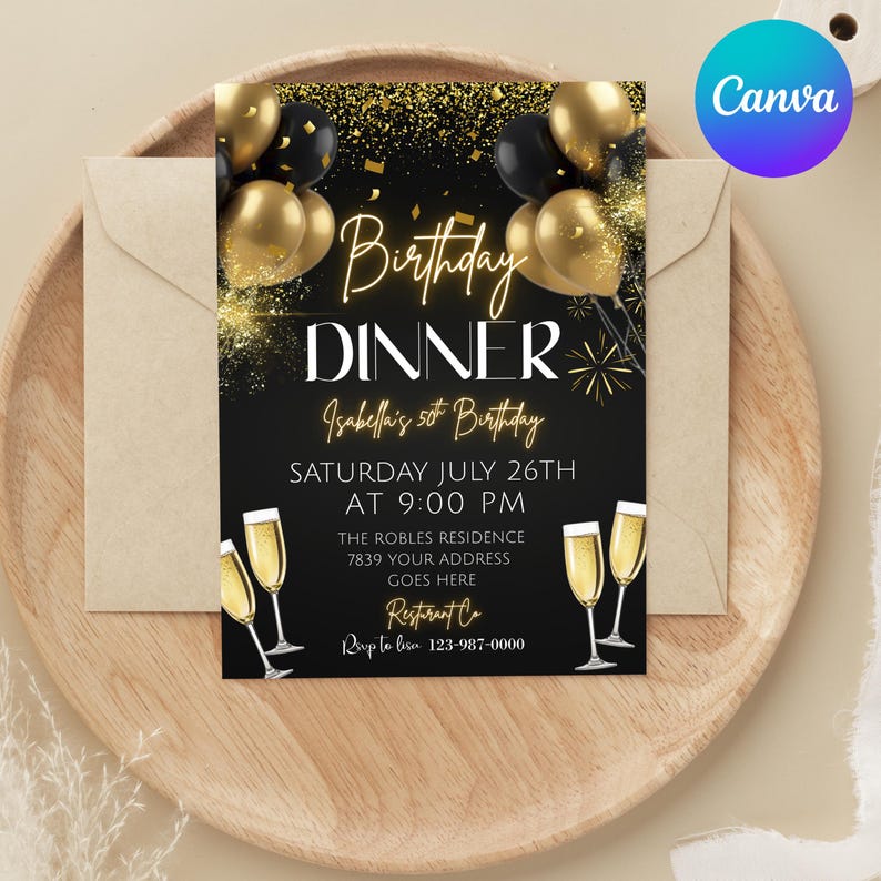 Digital Birthday Dinner Invitation, Black Tie Glam Invite, Black Golden Diamond Men & Women, Premade Gold Party Celebration, Canva Editable