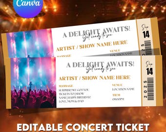 Modello di biglietto per concerto, biglietto regalo personalizzato per concerto, biglietto per evento fai da te, idea regalo per biglietti per concerti stampabili a sorpresa, modificabile da Canva