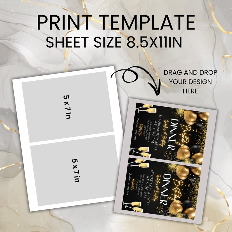 Digital Birthday Dinner Invitation, Black Tie Glam Invite, Black Golden Diamond Men & Women, Premade Gold Party Celebration, Canva Editable