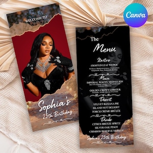 Peut inclure: Deux cartes de menu personnalisées avec un thème noir et rouge. L'une présente une femme et le texte "Welcome to Sophia's 25th Birthday". L'autre carte énumère des plats comme "Imperial Wagyu Medallion" et "Velvet Banana Pie".
