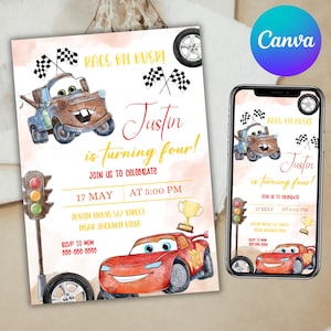 Car birthday invitation, car birthday party invitation, cars mcqueen Invitation, Lightning Mcqueen Birthday Invitation, car, Canva Editable