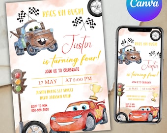 Invitación de cumpleaños de coche, invitación a fiesta de cumpleaños de coche, invitación de Cars McQueen, invitación de cumpleaños de Rayo McQueen, coche, Canva editable