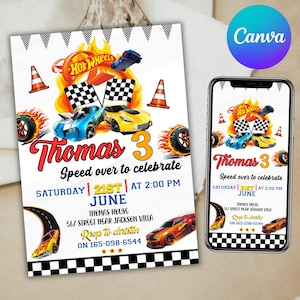 Hot wheels birthday invitation, Hot Cars Invitation, Hot Wheels Car, Hot Race Cars Birthday, Lightning McQueen Invitation, Canva Editable