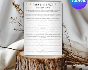 May include: A baby shower game card titled "Pass the Prize Baby Editions" on a wooden slice. The card has gold stars and text, with instructions for the game. A Canva logo is in the upper right corner.