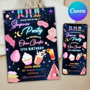 Sleepover Birthday Invitation, Printable Sleepover Invite, Slumber Party, Pajama Party, Retro Neon Light, Canva Editable
