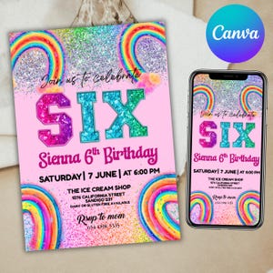 6th Birthday Invitation Girl, 6th Rainbow Sequin Birthday Editable Invite, 6th Glitter Birthday Invitation, Canva Editable