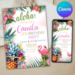 Pineapple Birthday Invitation, birthday invitation, Tropical Aloha Birthday Hawaiian Invite For Girls Party invite, Canva Editable