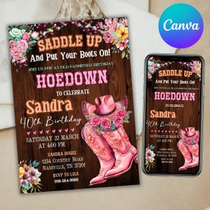 40th Pink Hoedown Birthday Invitation, Western Cowgirl Party Digital Invite Country, Any Age, Country Floral Boots Invite, Canva Editable