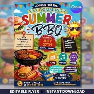 Könnte beinhalten: Ein farbenfrohes Flyer, der ein Sommer-BBQ in der Gemeinde bewirbt. Das Design umfasst einen Burger, einen Hotdog und Chips mit dem Text "Join Us For The XXX Community Summer BBQ" und "Samstag, 27. Juli". Der Flyer enthält auch die Adresse und RSVP-Informationen.