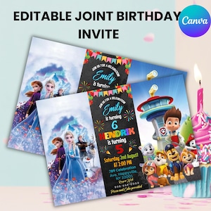 Sibling Birthday Invitation, Double Birthday Invitation, Twins Birthday Invitation, Boy and Girl Double Invite, Two Theme, Canva Editable