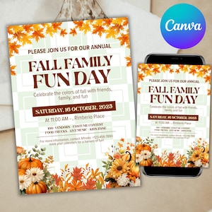 Fall Family Fun Day Invitation, Autumn Celebration Flyer, Editable Template for Harvest Events, Church Fall Festival, Canva Editable