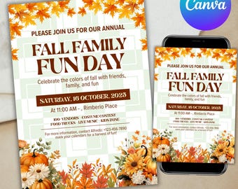 Fall Family Fun Day Invitation, Autumn Celebration Flyer, Editable Template for Harvest Events, Church Fall Festival, Canva Editable