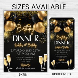 Digital Birthday Dinner Invitation, Black Tie Glam Invite, Black Golden Diamond Men & Women, Premade Gold Party Celebration, Canva Editable