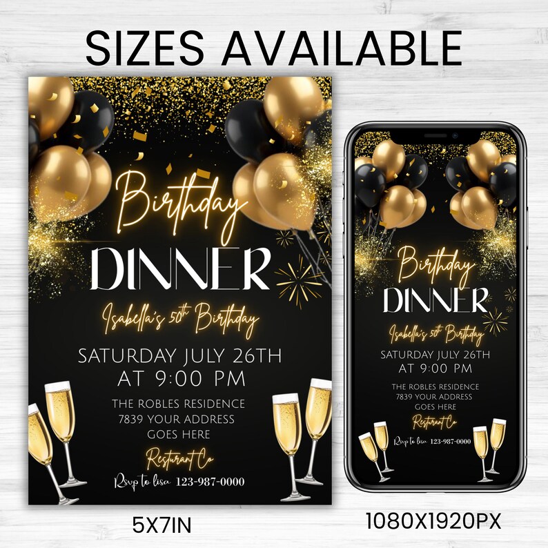 Digital Birthday Dinner Invitation, Black Tie Glam Invite, Black Golden Diamond Men & Women, Premade Gold Party Celebration, Canva Editable