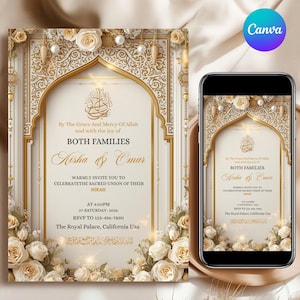 May include: A wedding invitation with a gold and white design. The invitation features floral accents, decorative borders, and the names "Aisha & Omar." The text includes the phrase "By The Grace And Mercy Of Allah."