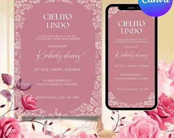 Pink Cielito Lindo Baby Shower Invitation, Baby Pink Cielito Lindo Baby Shower Papal Picado Invitation, Elegant Digital Invite, DIY in Canva