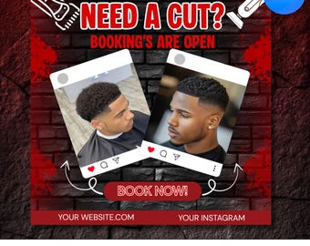 Könnte beinhalten: Friseur-Buchungsflyer mit Backstein-Hintergrund. Der Text "NEED A CUT? BOOKING'S ARE OPEN" ist rot. Zwei Bilder von Männern mit frischen Haarschnitten werden in Social-Media-Rahmen angezeigt. Der Flyer enthält "BOOK NOW!" und Website-/Instagram-Details.