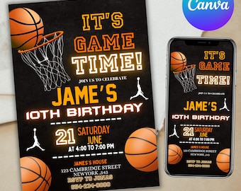 Faire-part d'anniversaire de basket-ball, invitation d'anniversaire, invitation de basket-ball garçons filles, invitation d'anniversaire de sport, invitation de basket-ball, toile modifiable