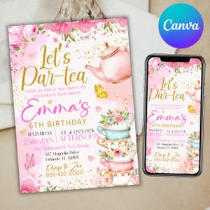 Verjaardagsuitnodiging voor theekransje, thee verjaardag brunch uitnodigen, Par-tea verjaardagsuitnodiging, uitnodiging voor verjaardagsfeestje, uitnodiging voor feest, Canva bewerkbaar