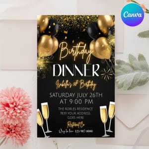 Digital Birthday Dinner Invitation, Black Tie Glam Invite, Black Golden Diamond Men & Women, Premade Gold Party Celebration, Canva Editable