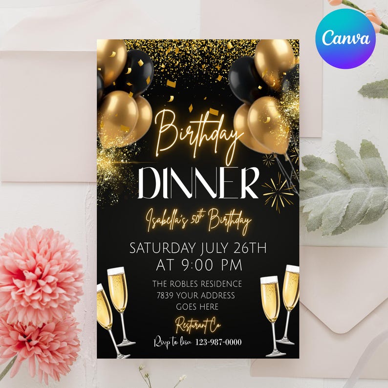 Digital Birthday Dinner Invitation, Black Tie Glam Invite, Black Golden Diamond Men & Women, Premade Gold Party Celebration, Canva Editable