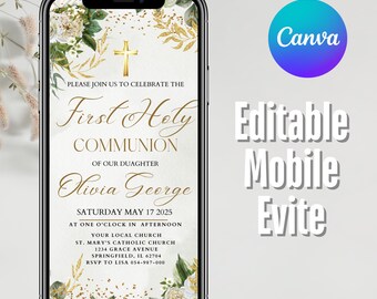 Electronic First Communion invitation, Greenery Communion Evite,Communion Evite, Gold Communion Evite, Girls Communion evite, Canva Editable