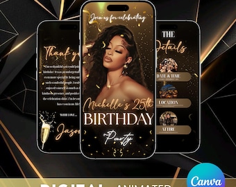 Invitación de lujo para fiesta de cumpleaños en negro y dorado, invitación digital para fiesta de cumpleaños de Evite, invitación digital para cena de cumpleaños de mujeres de 30, 40 y 50 años, editable