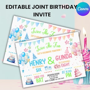 Editable Sibling Birthday Invitation, Double Birthday Invite, Dual Combined Twins, Boy and Girl Double Invite, Canva Editable
