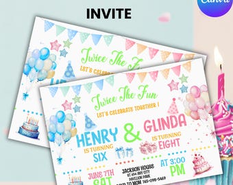 Editable Sibling Birthday Invitation, Double Birthday Invite, Dual Combined Twins, Boy and Girl Double Invite, Canva Editable