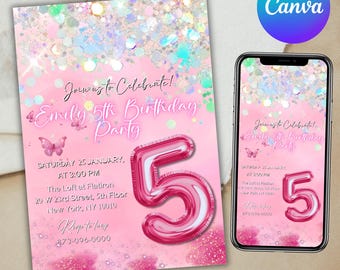Pink 5th Birthday Invitation, Glitter Birthday Party Invite, Girl Birthday Party Invite, Rainbow Foil Girl Fifth Birthday, Canva Editable