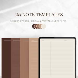 May include: 25 Note Templates: 5 Colour Options | Digital & Printable Note Paper. A digital tablet screen displays a lined note template with the words "Title" and "Date" at the top. Four colour swatches are shown below the title.