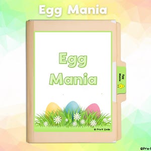 May include: A brown file folder with a green tab labeled "Egg Mania". The front of the folder has a green background with the text "Egg Mania" in large white letters. There are three colorful eggs on a bed of green grass with white flowers.