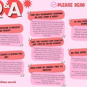 May include: A pink and red graphic with the text "Q&A" and "PLEASE READ". The image contains text answering common questions about the shop, including youth sizing, refunds, and design services.