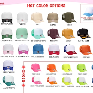 May include: A display of trucker hats in various colors, including black, white, tan, khaki, olive, green, pink, blue, and neon shades. Each hat features a mesh back and a solid front panel, with the text "HAT COLOR OPTIONS" at the top.