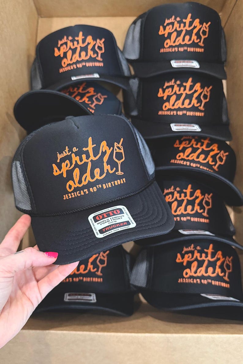 Custom 'Just a Spritz Older' Birthday Trucker Hat: Party Crew Gift, Spritz Theme image 2